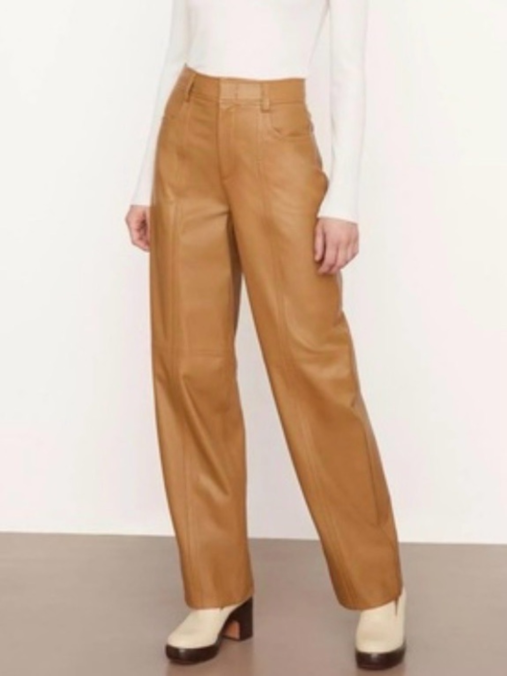 Vince Women US 4 Leather Pants Fawn straight Leg High Waist tan